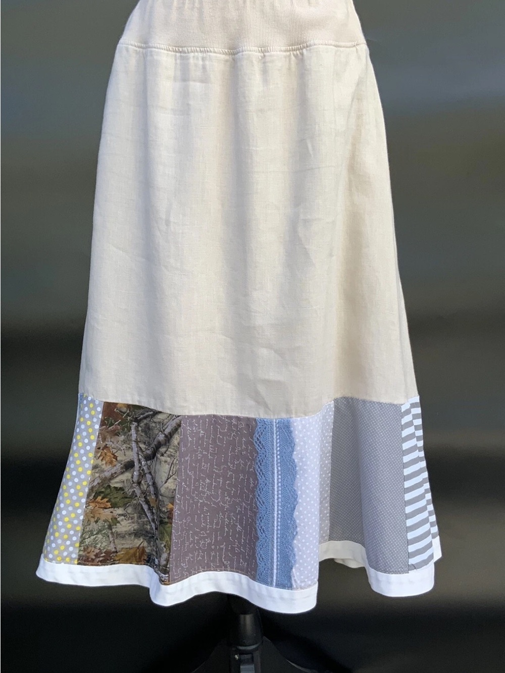 Calvin Klein 100% Linen Midi Skirt L Upcycled Patchwork Hem Fall Boho